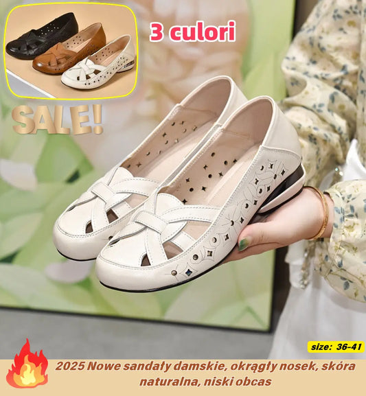🔥 49%OFF💞 【Rozmiary 35-40】 Nowe sandały damskie na rok 2026, z okrągłym noskiem, wykonane z prawdziwej skóry i na niskim obcasie.