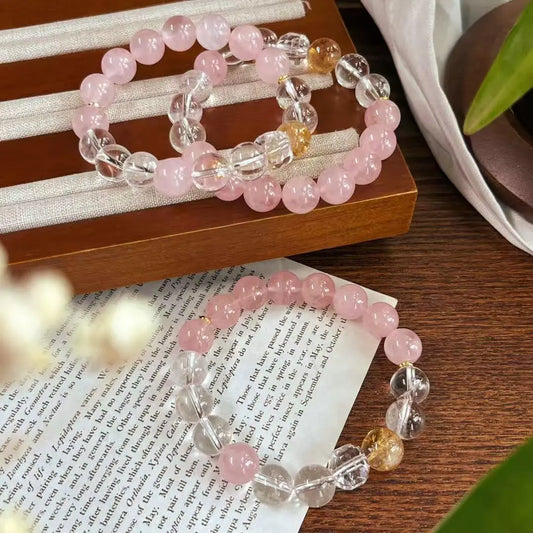 Natural Madagascar Rose Quartz & White Crystal Bracelet