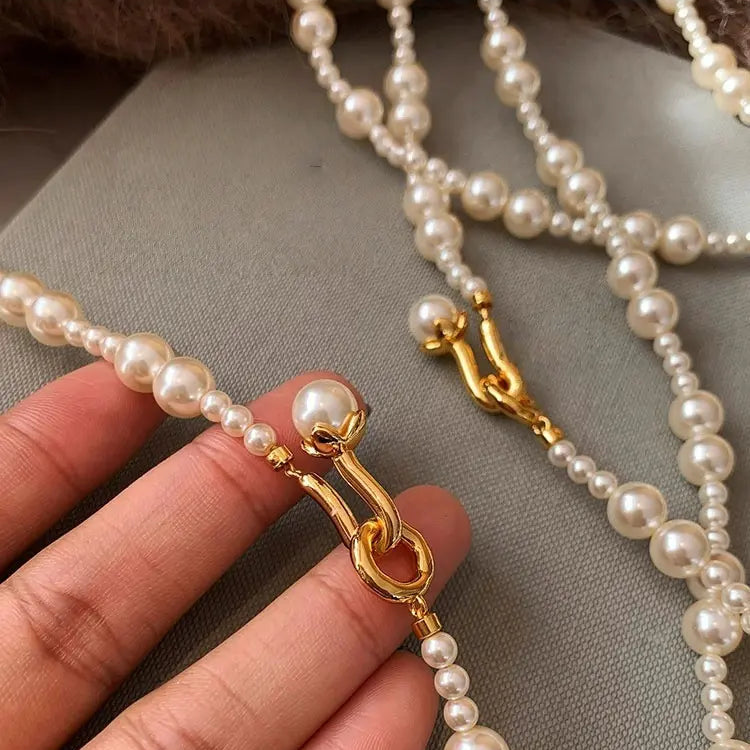 Faux Pearl Layered Necklace, Multi-Strand Choker, Sweater Chain