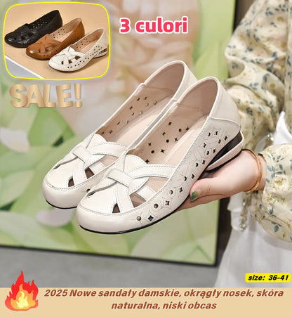 🔥 49%OFF💞 【Rozmiary 35-40】 Nowe sandały damskie na rok 2026, z okrągłym noskiem, wykonane z prawdziwej skóry i na niskim obcasie.
