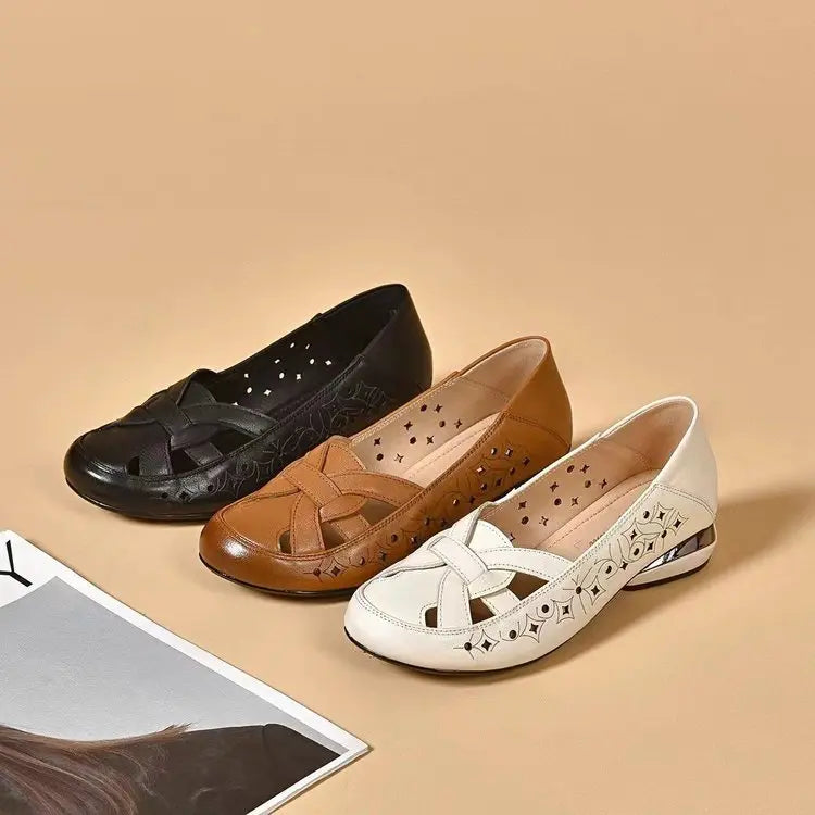 🔥 49%OFF💞 【Rozmiary 35-40】 Nowe sandały damskie na rok 2026, z okrągłym noskiem, wykonane z prawdziwej skóry i na niskim obcasie.