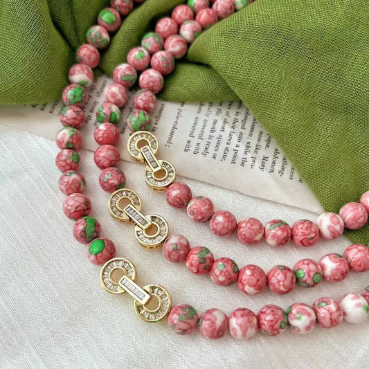 Retro Pink & Green Glazed Ceramic Bead Necklace | Vintage Choker