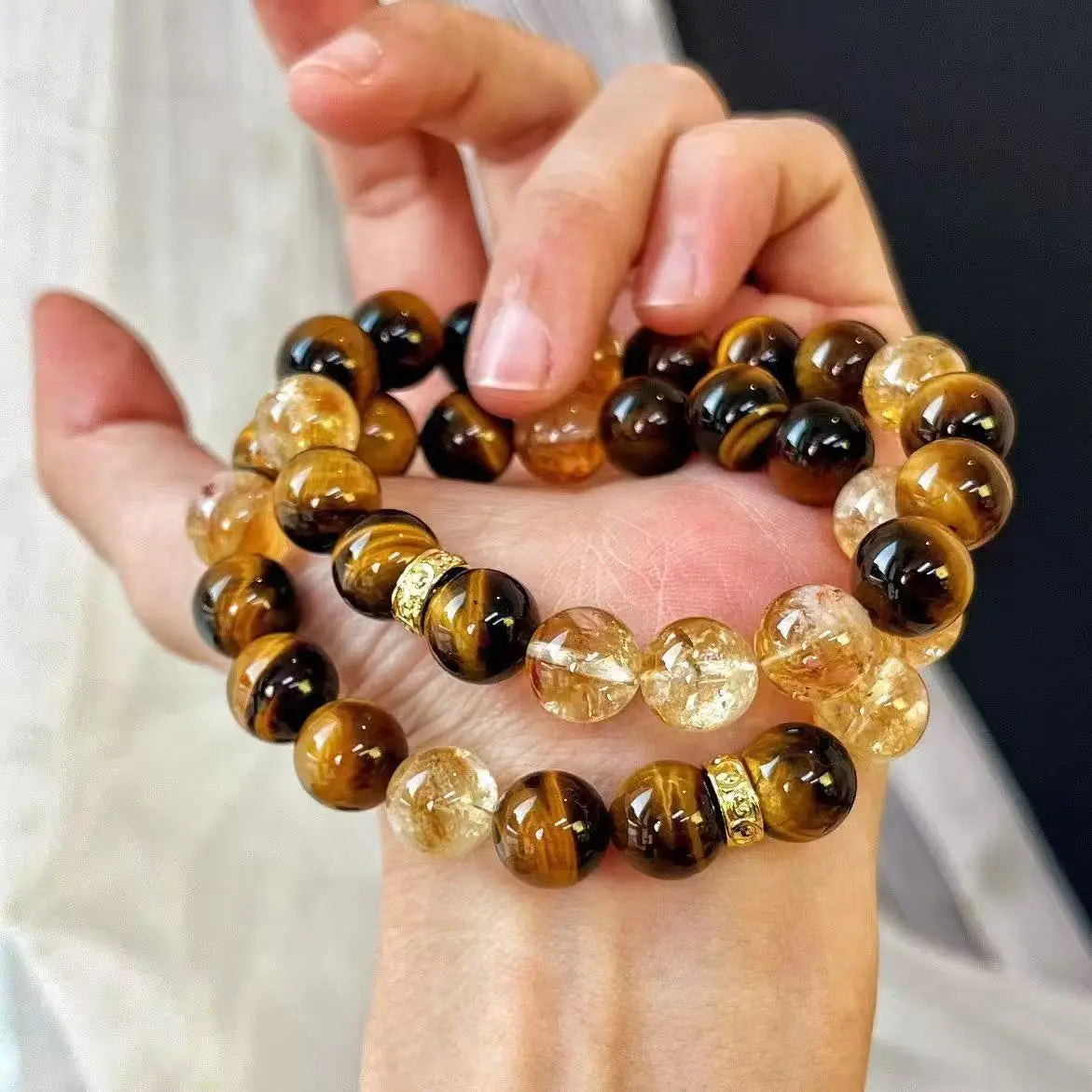 10mm Natural Citrine Bracelet | Tiger's Eye Stone Beaded Bracelet