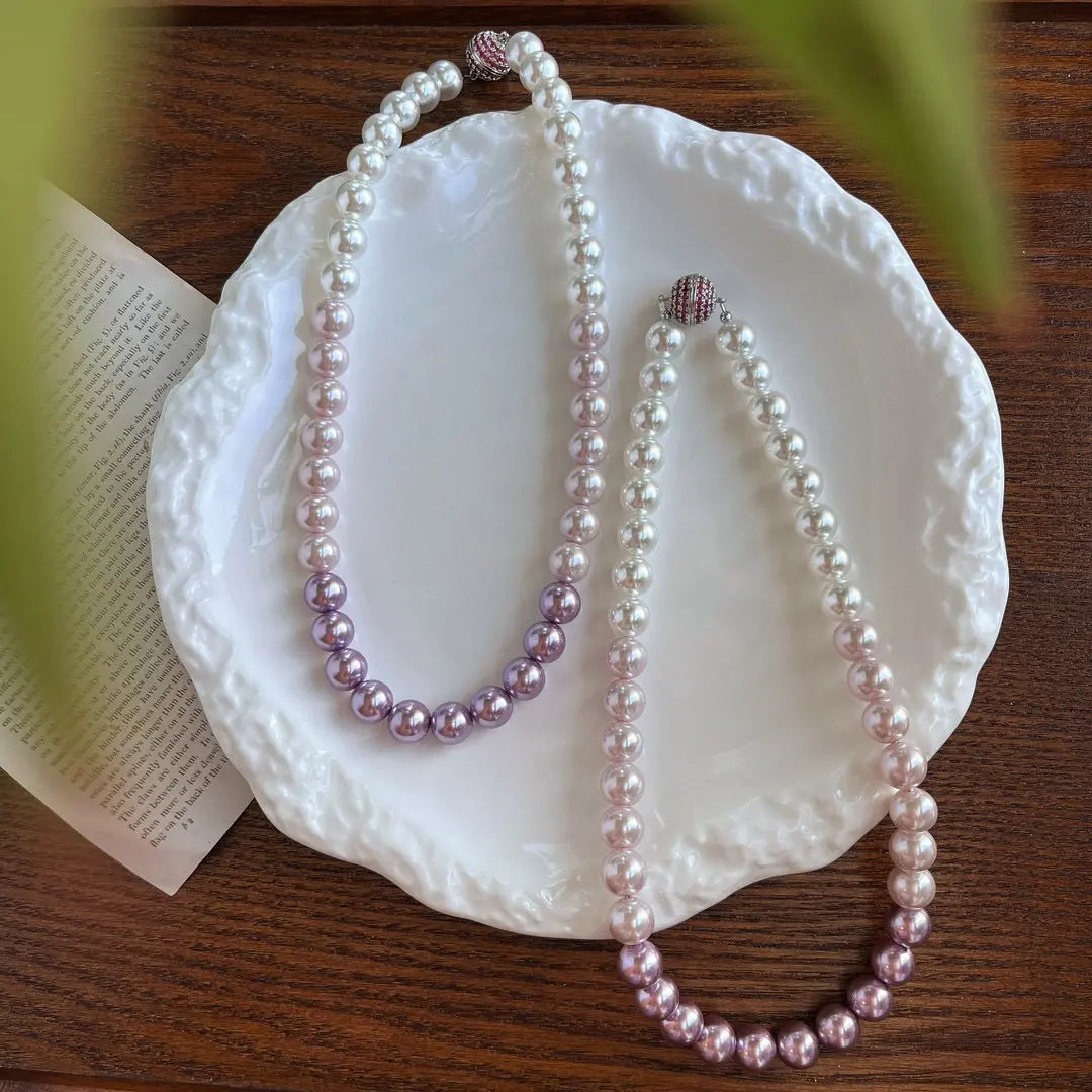 French "Ins" Gradient Purple-Pink Crystal & Pearl Necklace