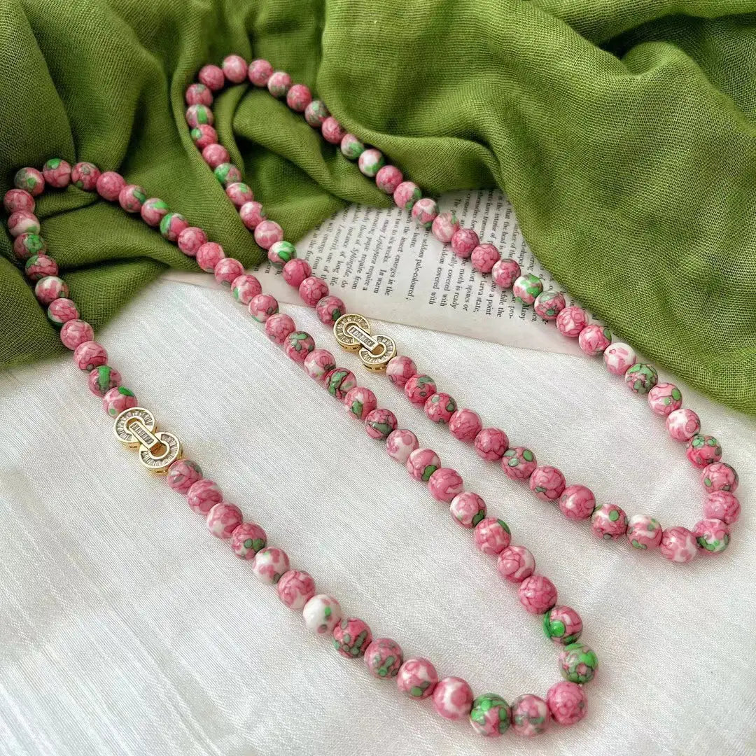 Retro Pink & Green Glazed Ceramic Bead Necklace | Vintage Choker