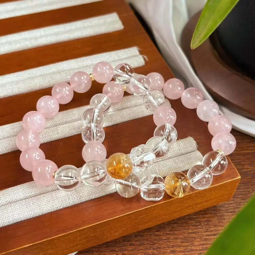 Natural Madagascar Rose Quartz & White Crystal Bracelet