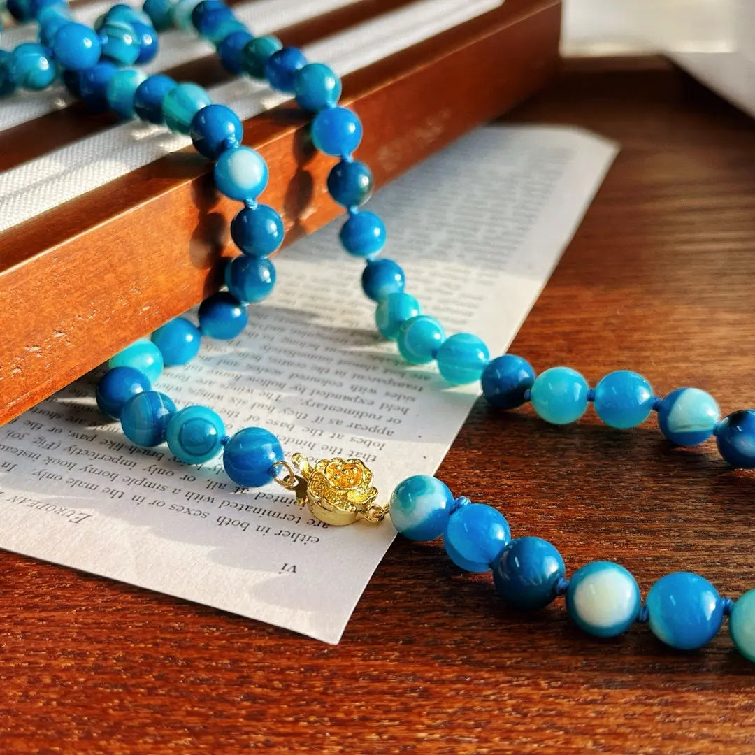 Long Blue Chalcedony Beaded Necklace (130cm) | Hand-Knotted Luxury