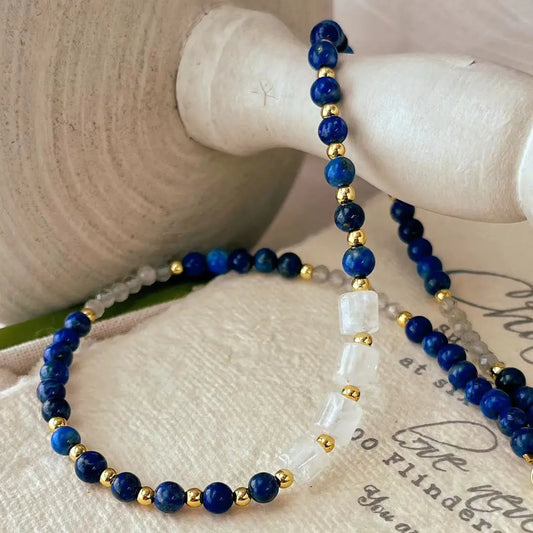 Vintage Lapis Lazuli & Grey Moonstone Clavicle Necklace | Elegant Jewelry