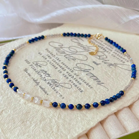 Vintage Lapis Lazuli & Grey Moonstone Clavicle Necklace | Elegant Jewelry