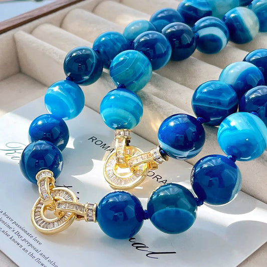 Basic 14mm Natural Blue Agate Clavicle Necklace | Minimalist Jewelry