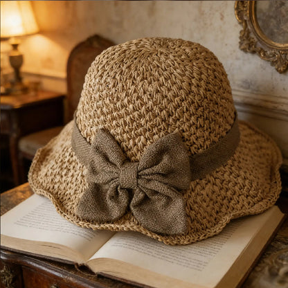 🏖️👒Elegancki słomkowy kapelusz z plecionym brzegiem i kokardką